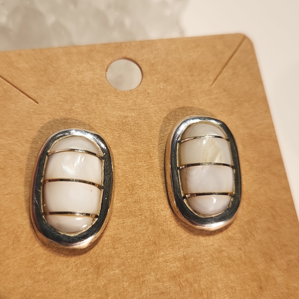 Signed Vintage Mother of Pearl Inlay Sterling Silver Earrings